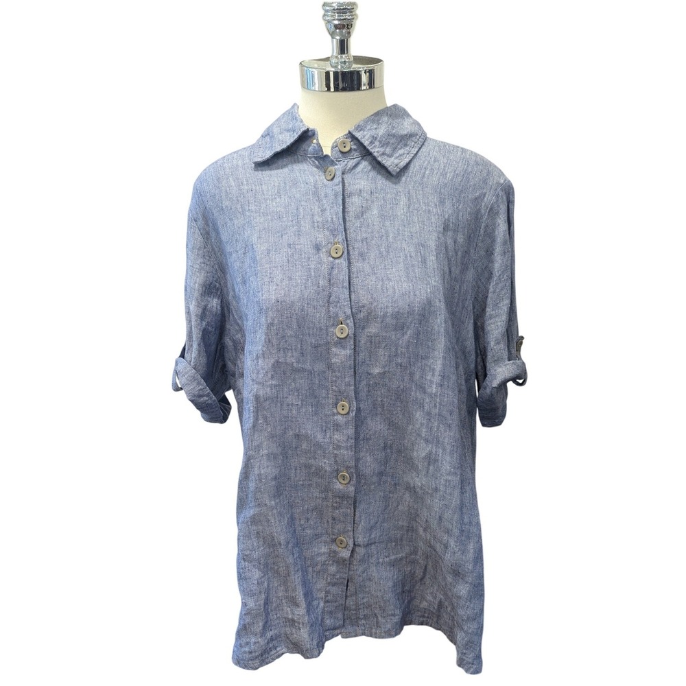 Flax Womens Blue Linen Short Sleeve Button Down Shirt Relaxed Fit Lagenlook